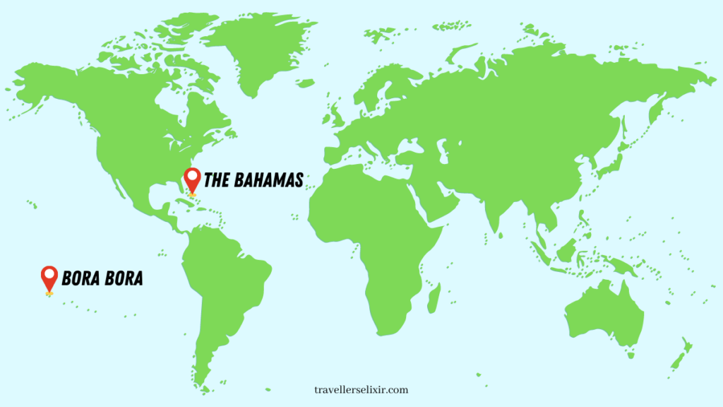 Map showing locations of the Bahamas and Bora Bora.
