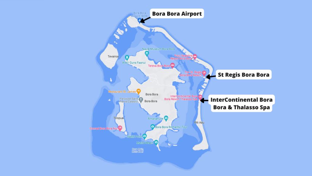 Image showing the location of St Regis Bora Bora vs InterContinental Thalasso on a map.