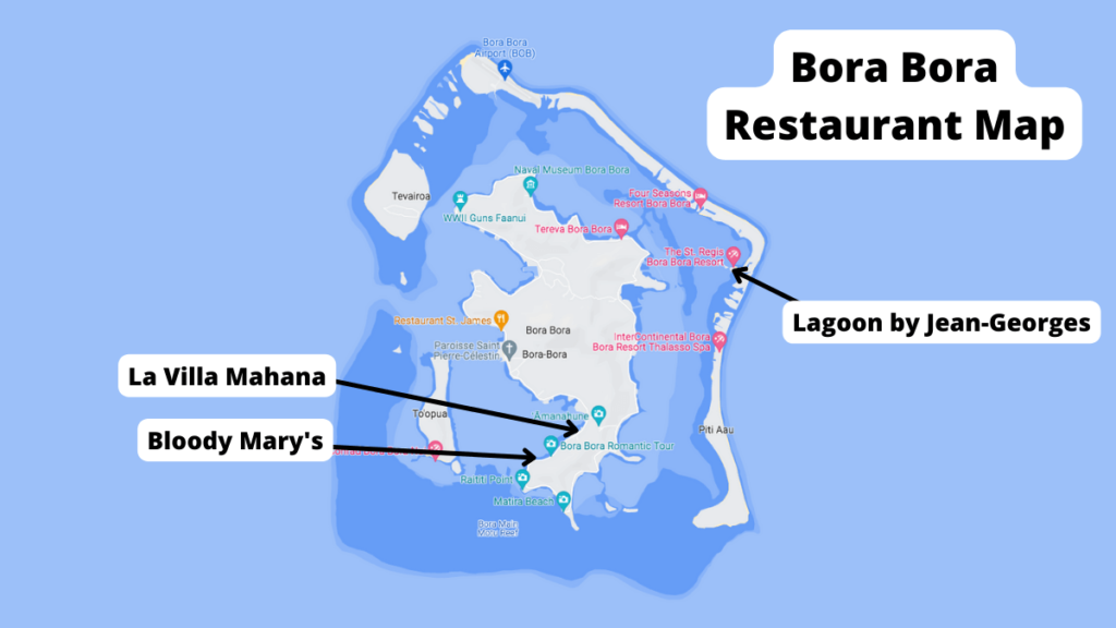 Map showing the locations of Bora Bora's top 3 restaurants.