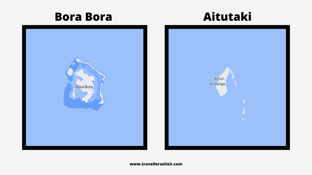 Map of Bora Bora and Aitutaki highlighting size difference.
