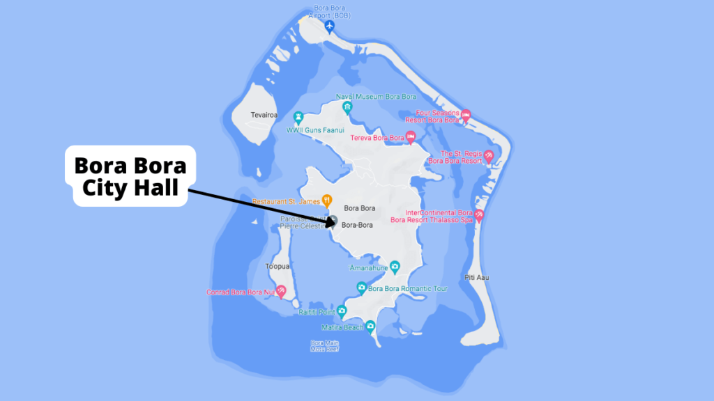 Map of Bora Bora highlighting the location of the City Hall.