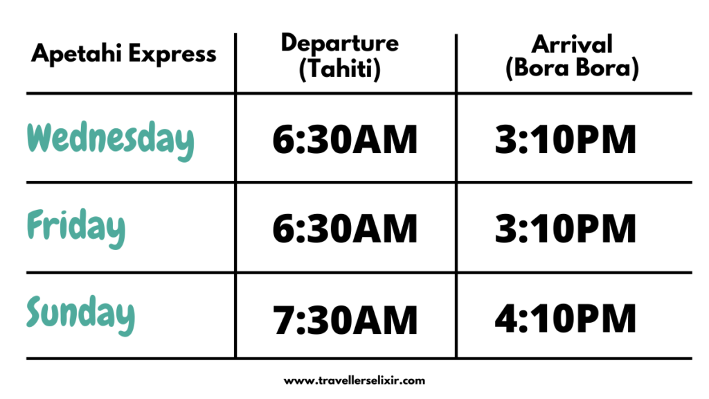 Apetahi Express timetable showing departure and arrival times.