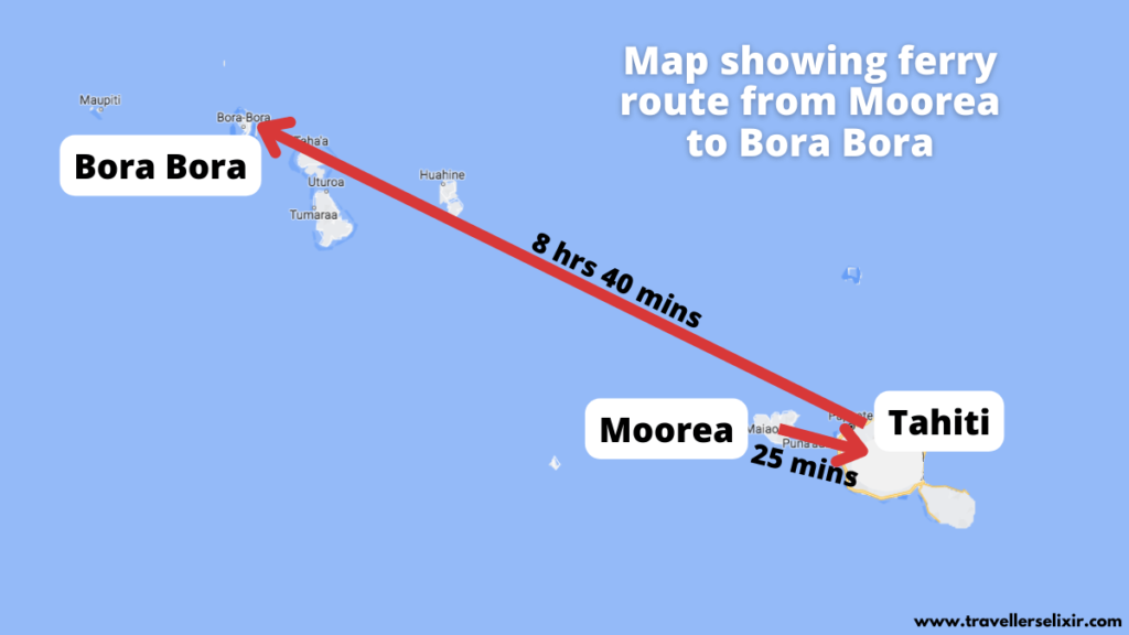 Map showing ferry route from Moorea to Bora Bora.