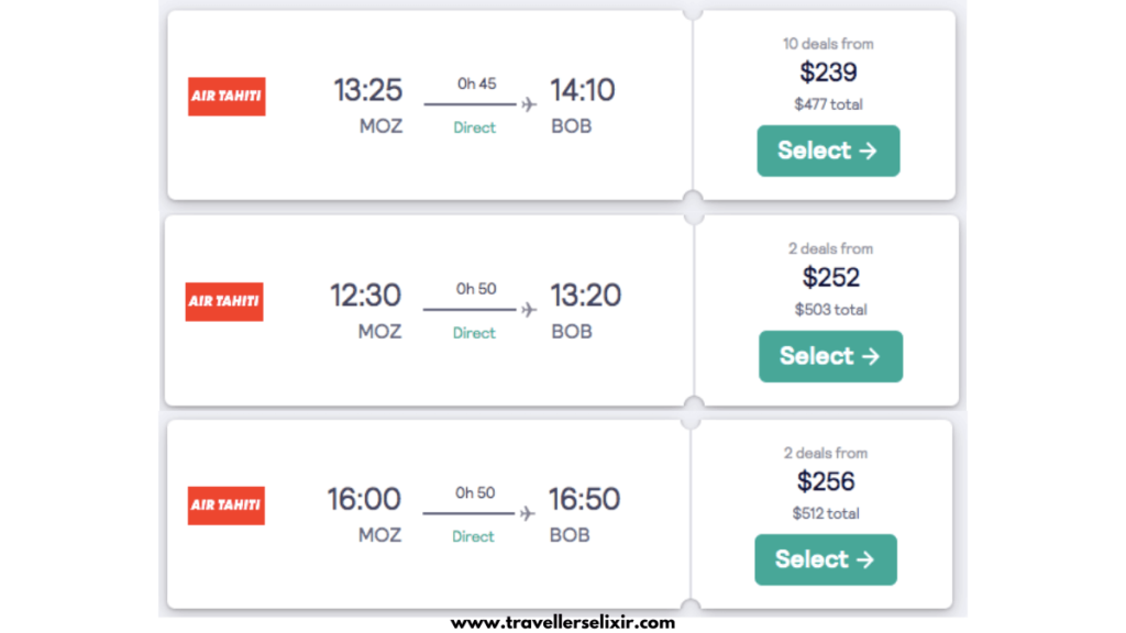 Most expensive flight prices from Moorea to Bora Bora. Taken from Skyscanner.net.