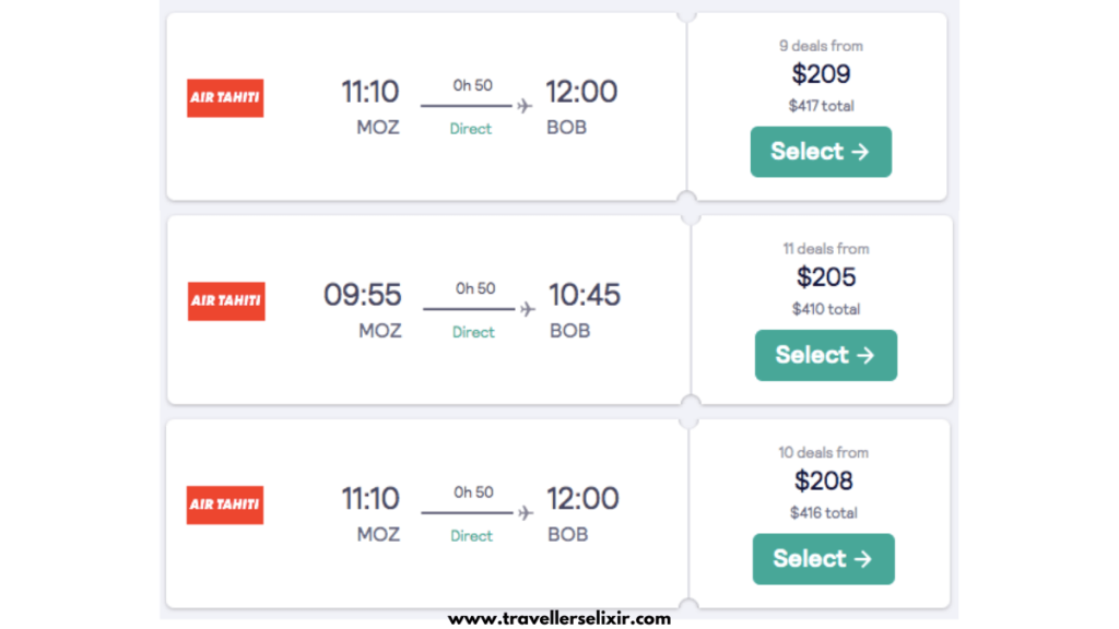 Average flight prices from Moorea to Bora Bora. Taken from Skyscanner.net.