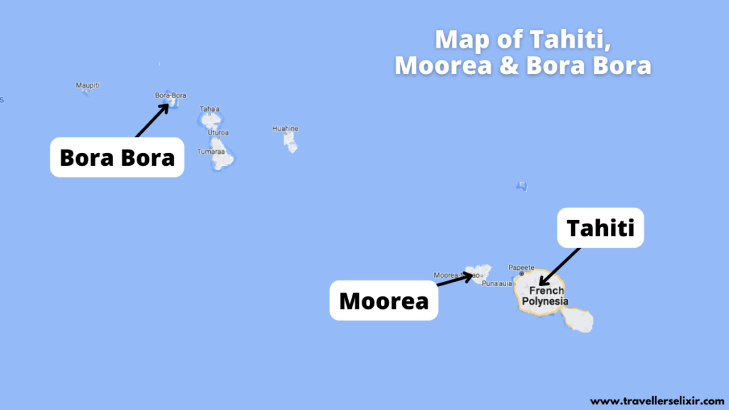 Map of Tahiti, Moorea and Bora Bora.