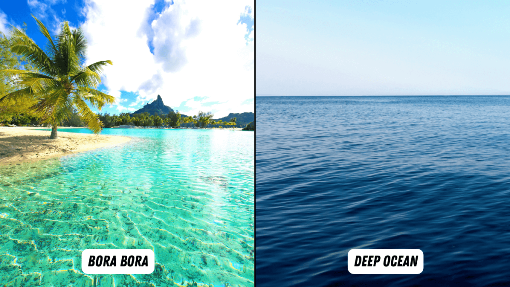 Image of Bora Bora on the left and an image of the deep ocean on the right.