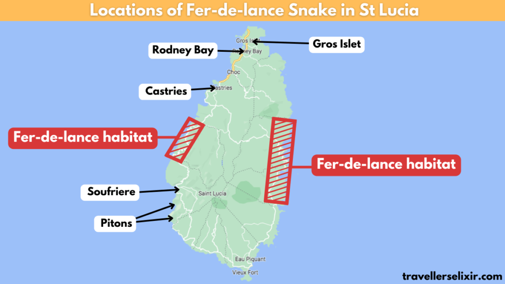 Map showing locations of the fer-de-lance snake in St Lucia.