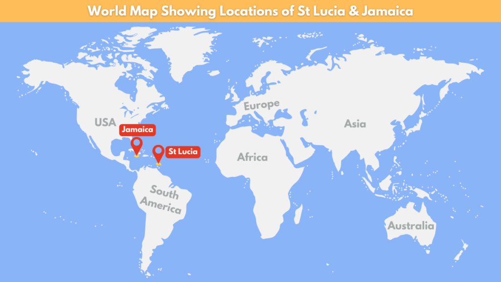 World map showing locations of Jamaica and St Lucia.