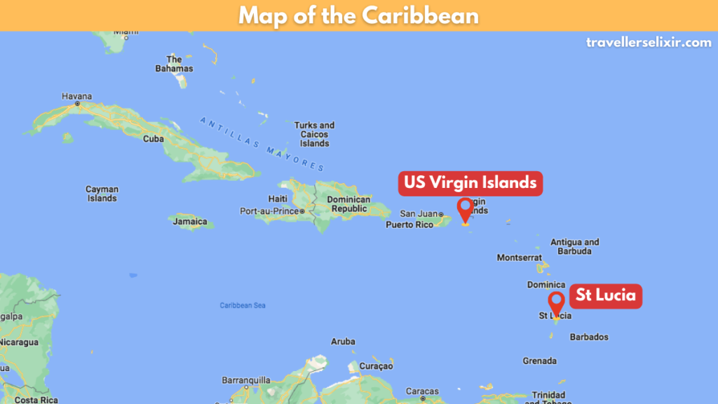 Map of the Caribbean showing the locations of St Lucia and the US Virgin Islands.