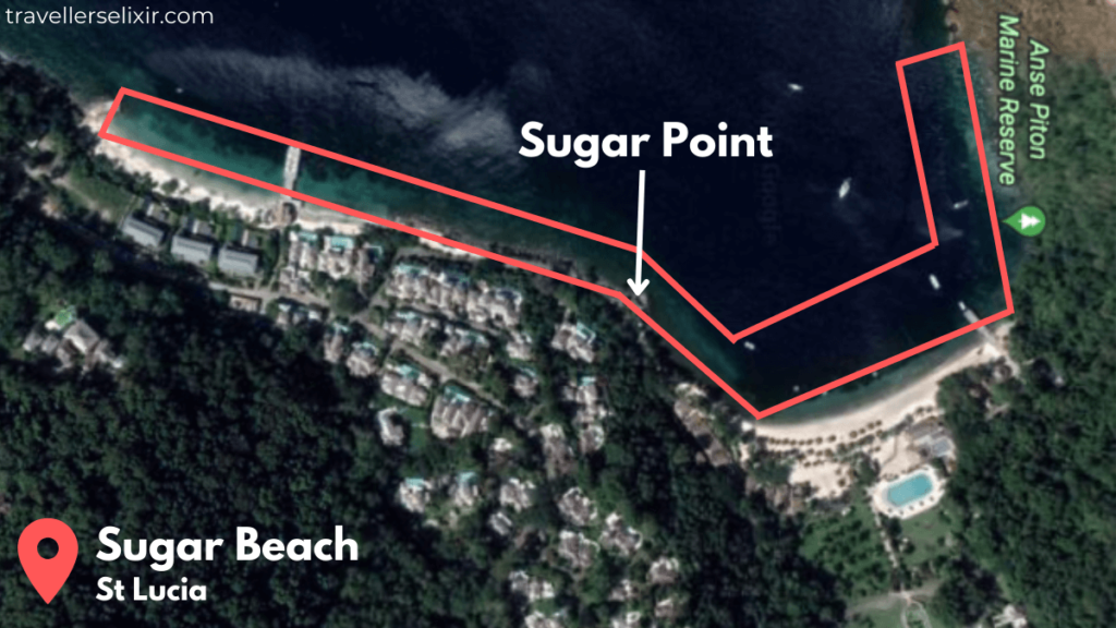 Map showing location of Sugar Point at Sugar Beach, St Lucia. Image courtesy of Google Earth.