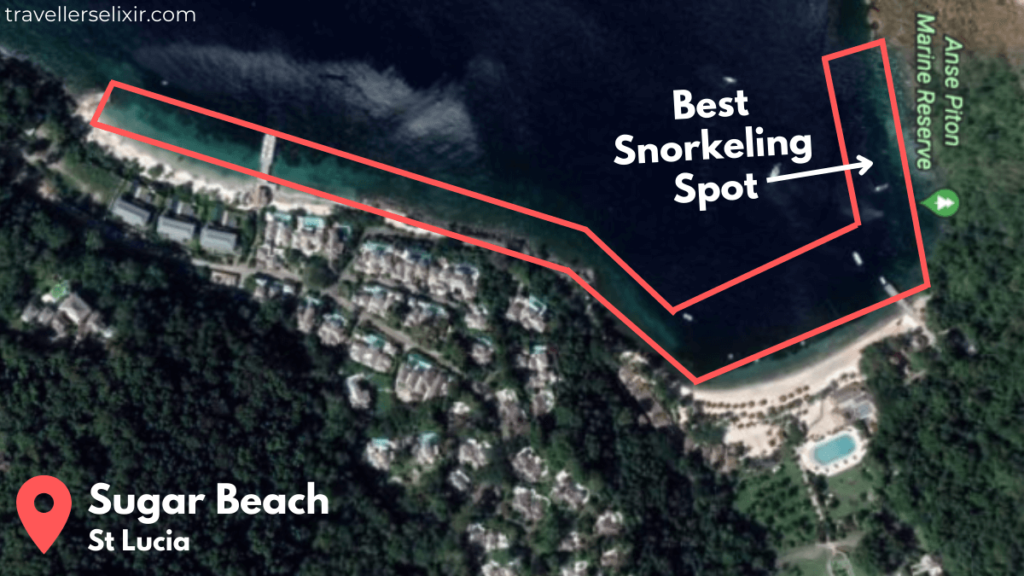 Location of Sugar Beach's best snorkeling spot. Image courtesy of Google Earth.