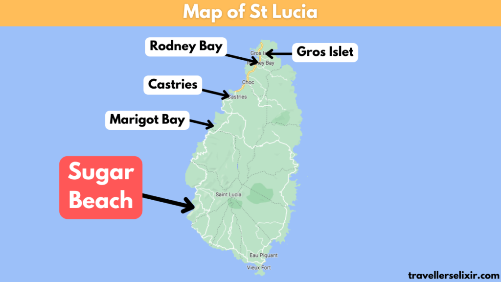 Map of St Lucia showing location of Sugar Beach.