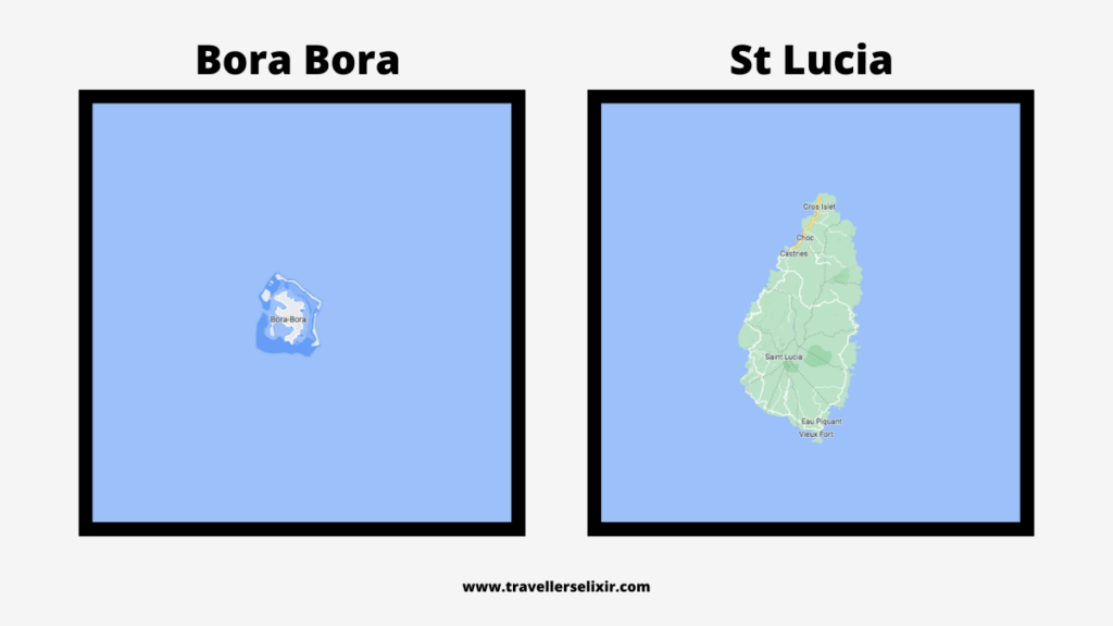 Map of Bora Bora and St Lucia highlighting size difference.