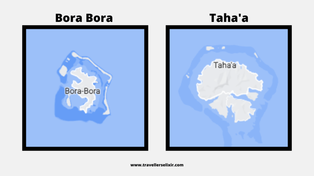 Map of Bora Bora and Taha’a highlighting size difference.