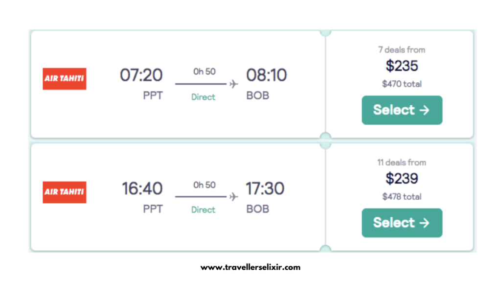 Image showing the most expensive airfare from Tahiti to Bora Bora. Screenshot taken from Skyscanner.net.