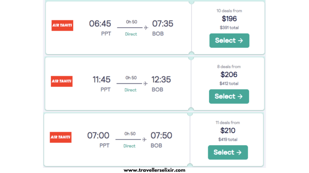 Image showing average flight prices from Tahiti to Bora Bora. Screenshots taken from Skyscanner.net.