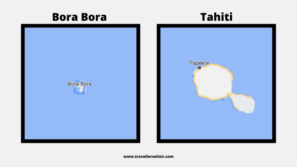 Map of Bora Bora and Tahiti highlighting size difference.