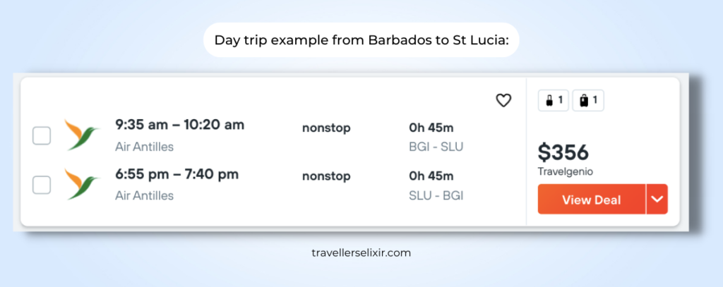 Example of a same day return flight from Barbados to St Lucia. Screenshot taken from kayak.com.