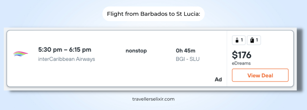 Example of a one-way flight from Barbados to St Lucia. Screenshot taken from kayak.com.