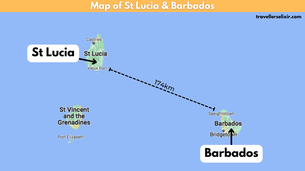 Map of St Lucia and Barbados.
