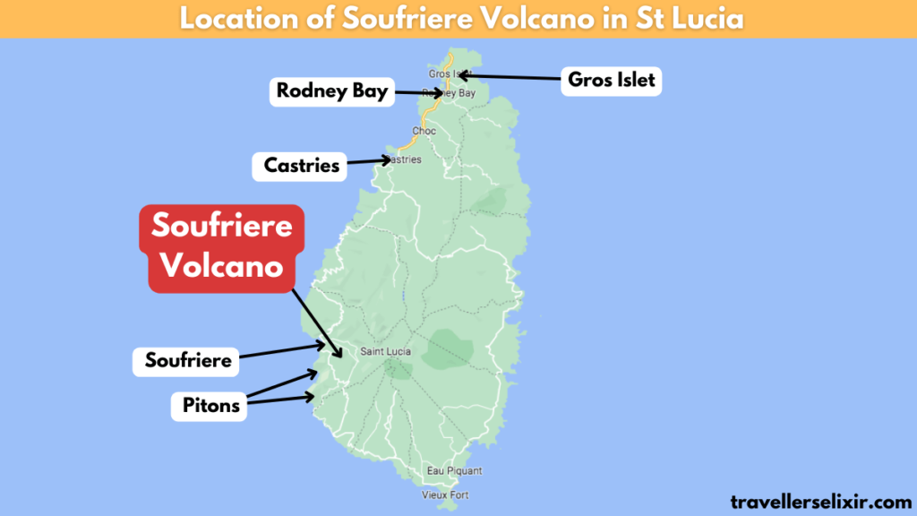 Map showing the location of Soufriere volcano in St Lucia.