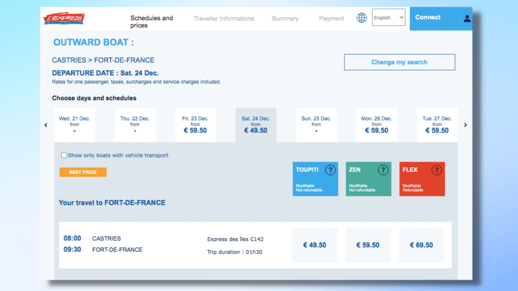 L'Express des Iles booking website.