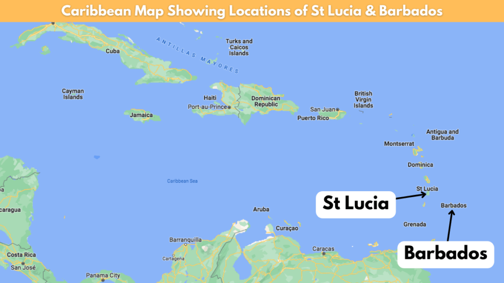 Map showing locations of Barbados and St Lucia.