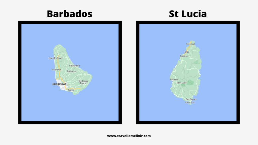 Map of Barbados and St Lucia highlighting size difference.