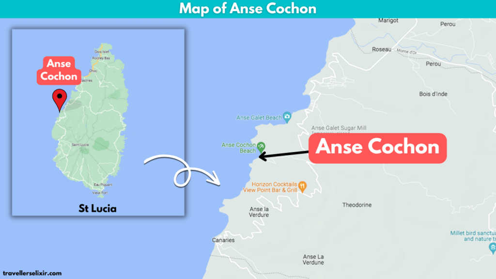 Map of Anse Cochon Beach in St Lucia.