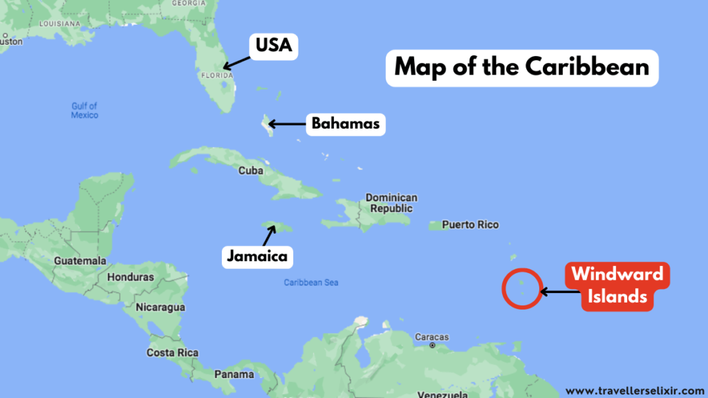 Map of the Caribbean showing the location of the Windward Islands.
