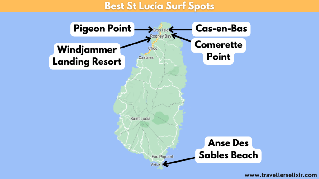 Map of the best St Lucia surf spots.