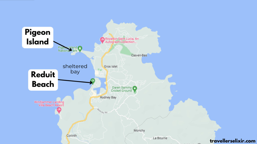 Map showing location of Reduit Beach and how it's sheltered by Pigeon Island.