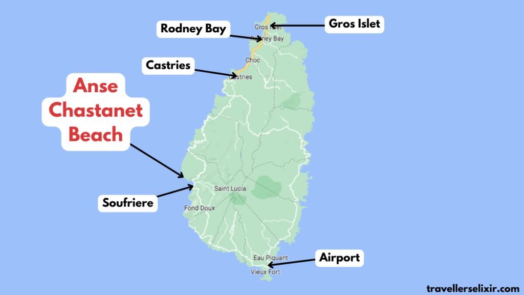 Map of St Lucia showing the location of Anse Chastanet Beach.