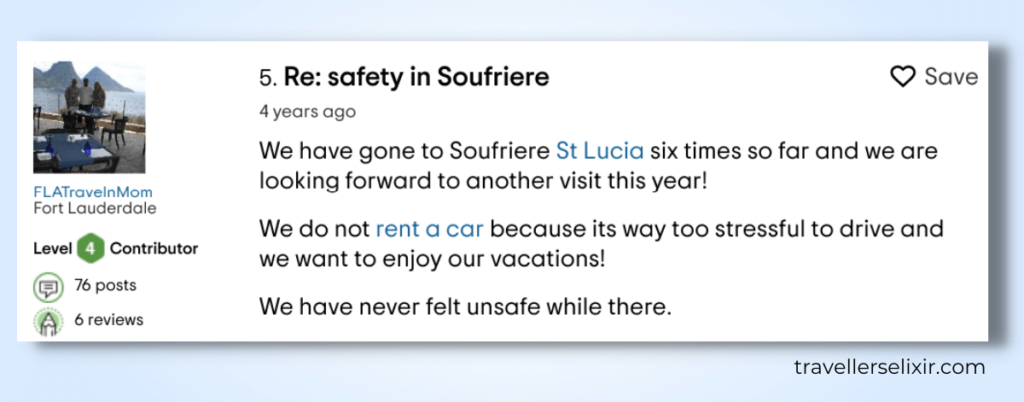 Forum comment about safety in Soufriere. Screenshot taken from tripadvisor.com.