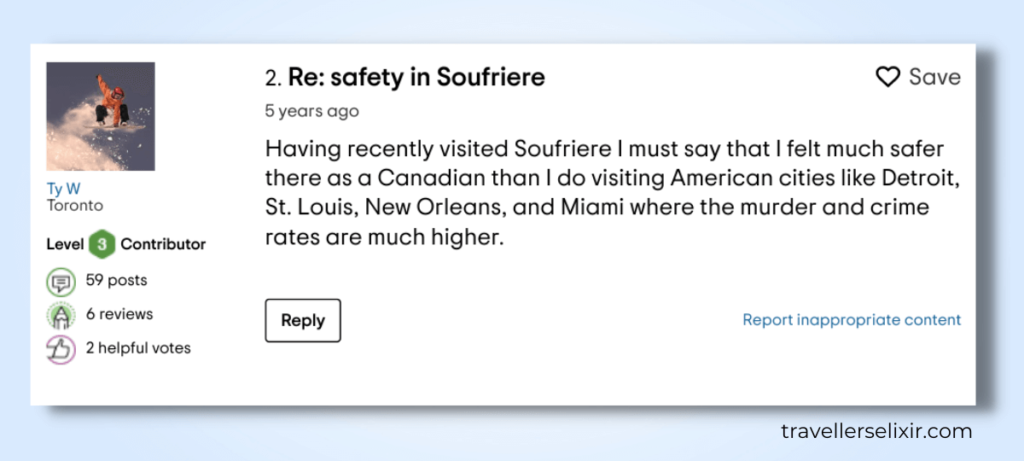 Forum comment about safety in Soufriere. Screenshot taken from tripadvisor.com.