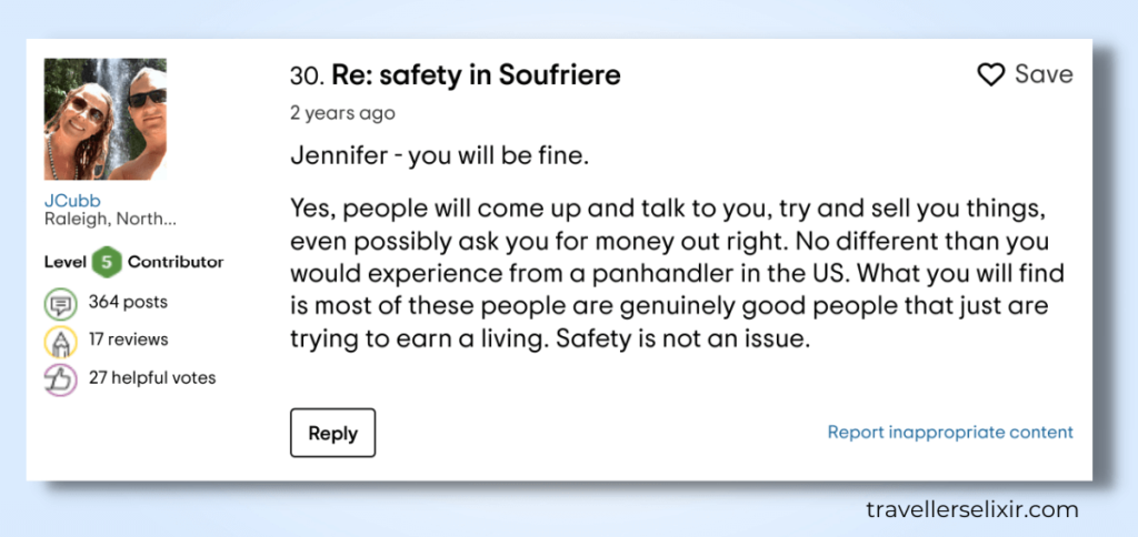 Forum comment about safety in Soufriere. Screenshot taken from tripadvisor.com.
