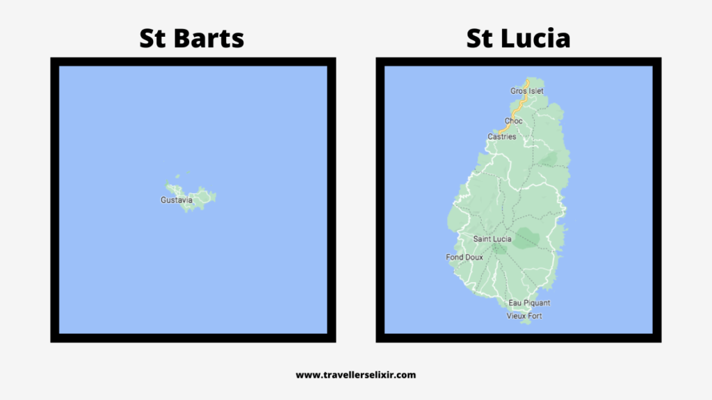Map of St Barts and St Lucia highlighting size difference.