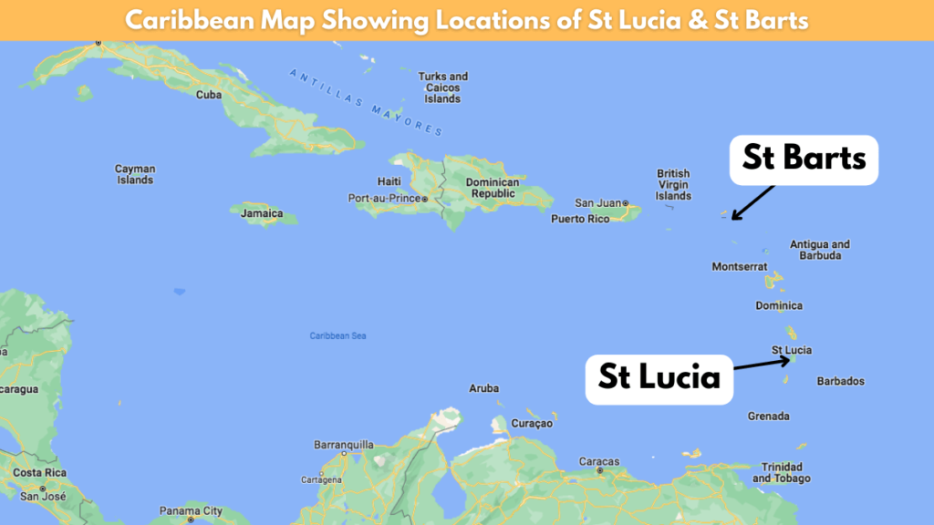 Map showing locations of St Barts and St Lucia.